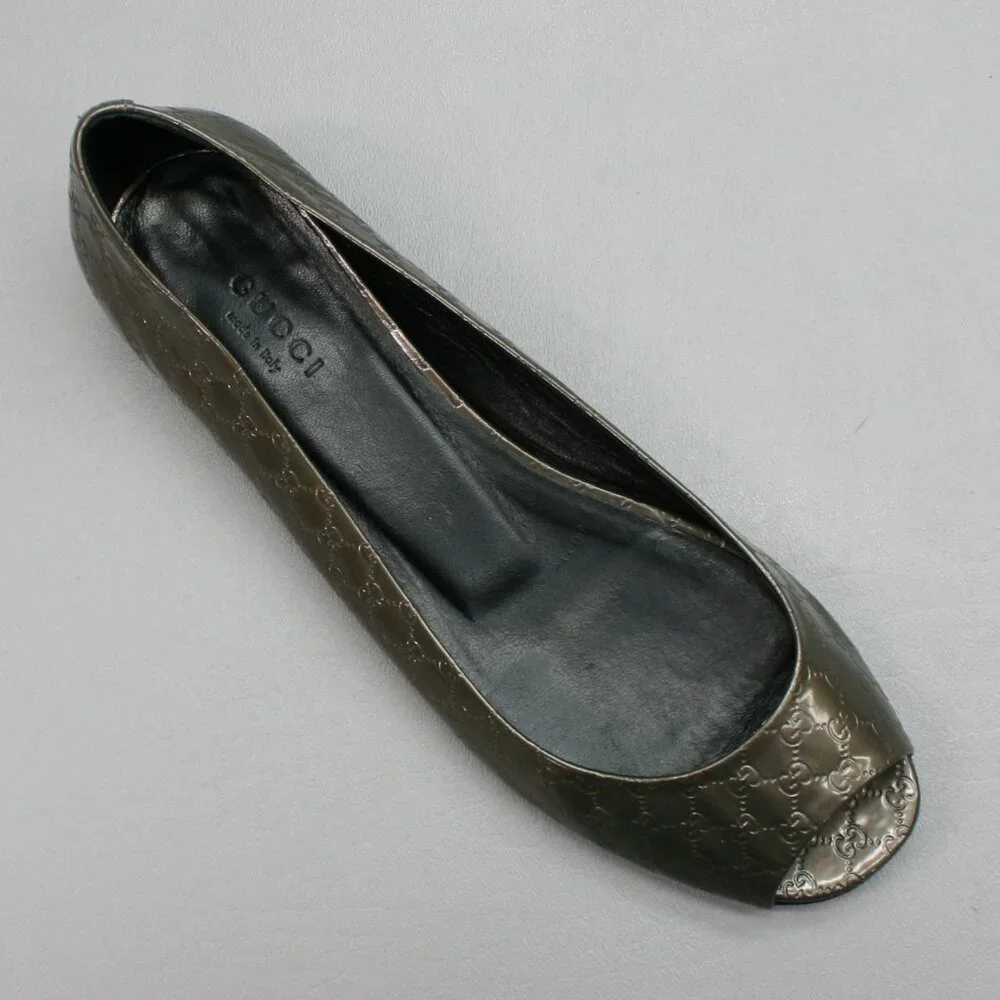 Gucci 37.5 Ladies 7.5 Microguccissima Metal Bronze/Gray GG Flats Peep-toe Shoes - Picture 7 of 12